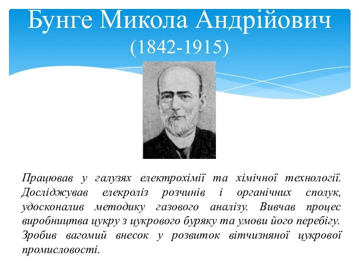 Бунге Микола Андрійович (1842-1915) Працював у галузях електрохімії та хімічної технології.
