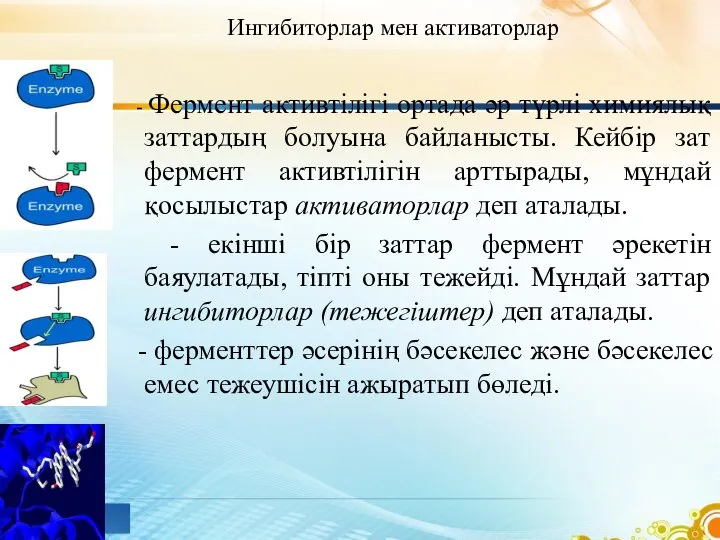 Ингибиторлар мен активаторлар - Фермент активтілігі ортада әр түрлі химиялық заттардың