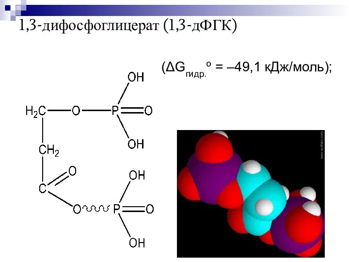 1,3-дифосфоглицерат (1,3-дФГК) (ΔGгидр.о = –49,1 кДж/моль);