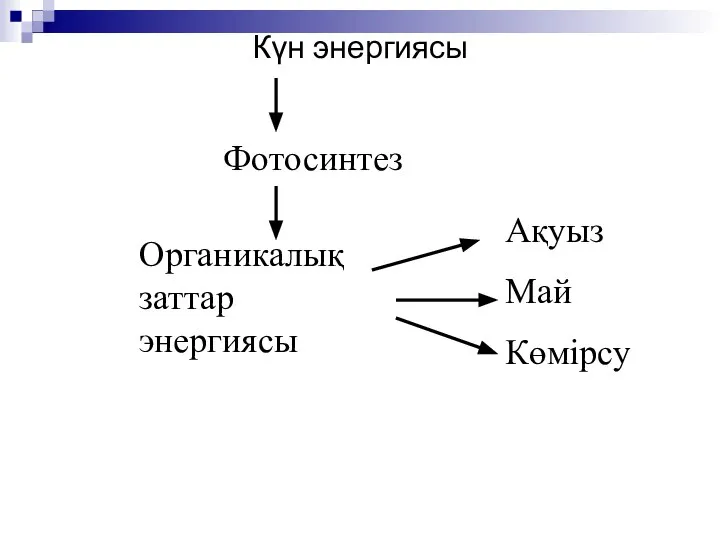 Фотосинтез Күн энергиясы Органикалық заттар энергиясы Ақуыз Май Көмірсу