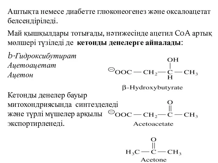 Аштықта немесе диабетте глюконеогенез және оксалоацетат белсендіріледі. Май қышқылдары тотығады, нәтижесінде