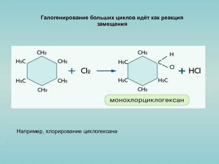 Галогенирование больших циклов идёт как реакция замещения Например, хлорирование циклогексана