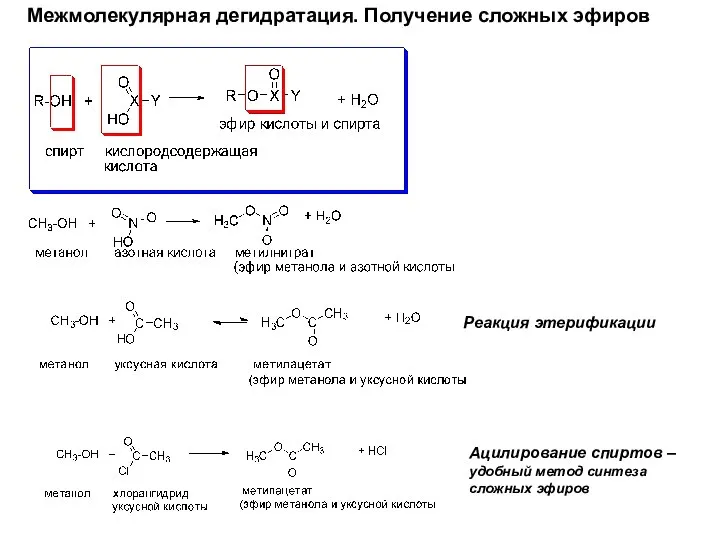 Межмолекулярная дегидратация. Получение сложных эфиров Реакция этерификации Ацилирование спиртов – удобный метод синтеза сложных эфиров