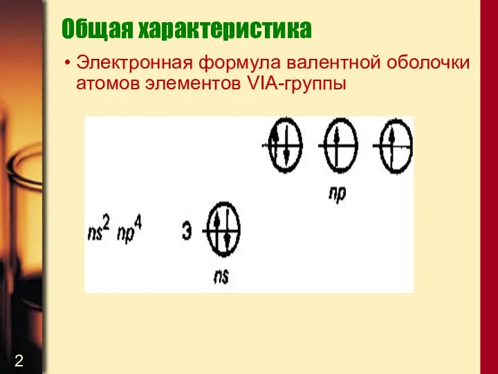 Общая характеристика Электронная формула валентной оболочки атомов элементов VIA-группы