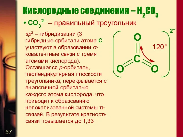 Кислородные соединения – H2CO3 СО32– – правильный треугольник sp2 – гибридизации