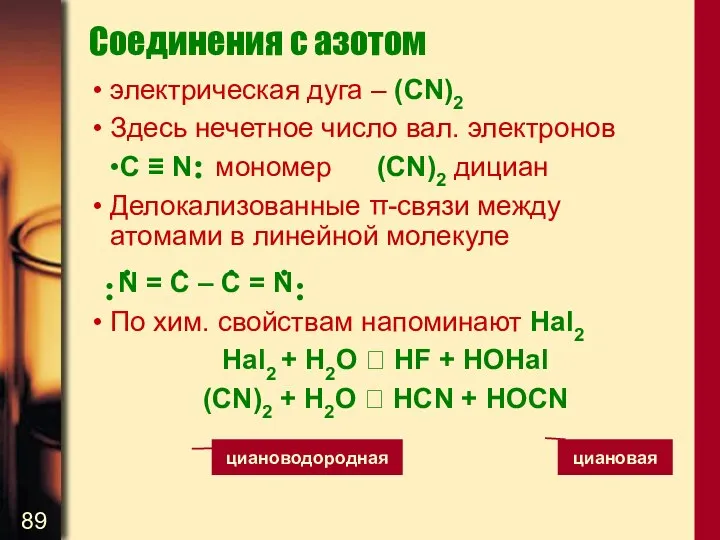 Соединения с азотом электрическая дуга – (CN)2 Здесь нечетное число вал.