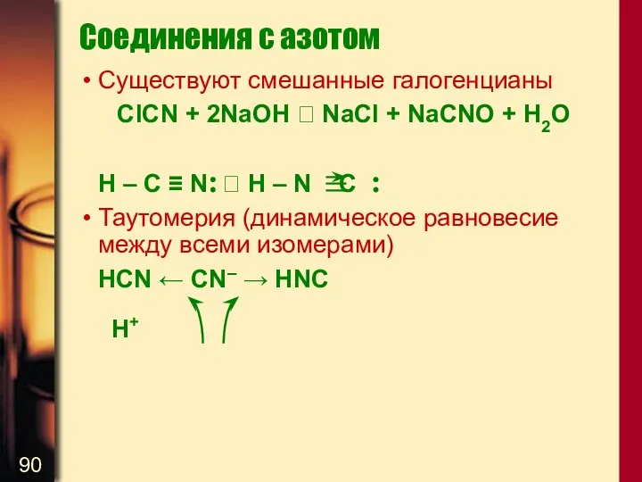 Соединения с азотом Существуют смешанные галогенцианы ClCN + 2NaOH  NaCl