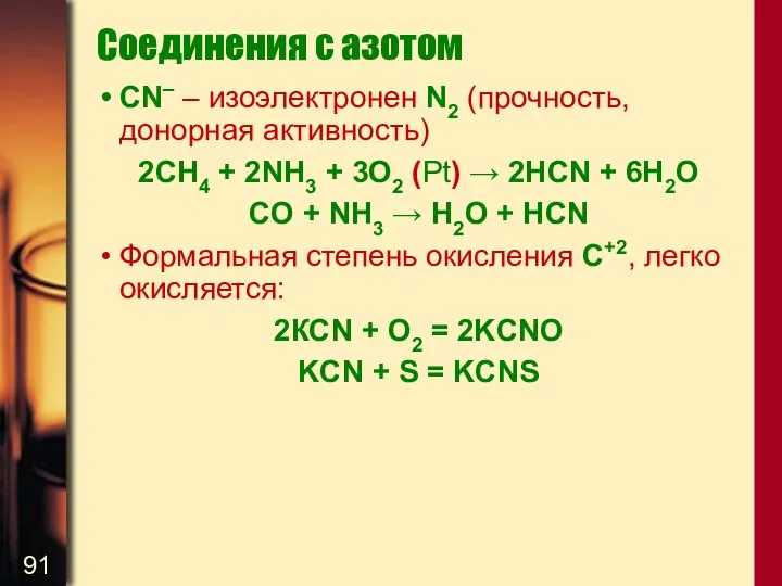 Соединения с азотом CN– – изоэлектронен N2 (прочность, донорная активность) 2CH4