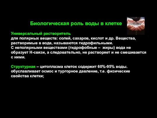 Биологическая роль воды в клетке Универсальный растворитель для полярных веществ: солей,