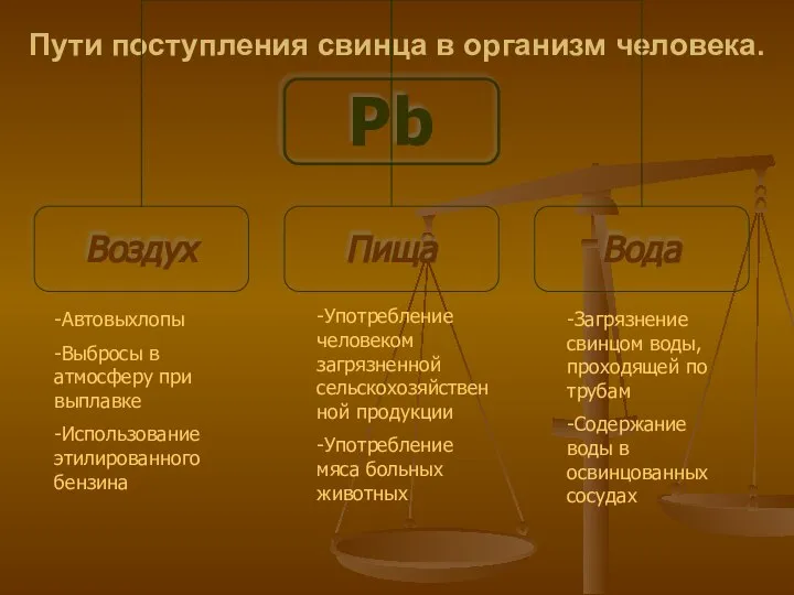 Пути поступления свинца в организм человека. -Автовыхлопы -Выбросы в атмосферу при