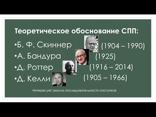 Теоретическое обоснование СПП: Б. Ф. Скиннер А. Бандура Д. Роттер Д.