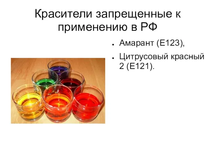 Красители запрещенные к применению в РФ Амарант (Е123), Цитрусовый красный 2 (Е121).