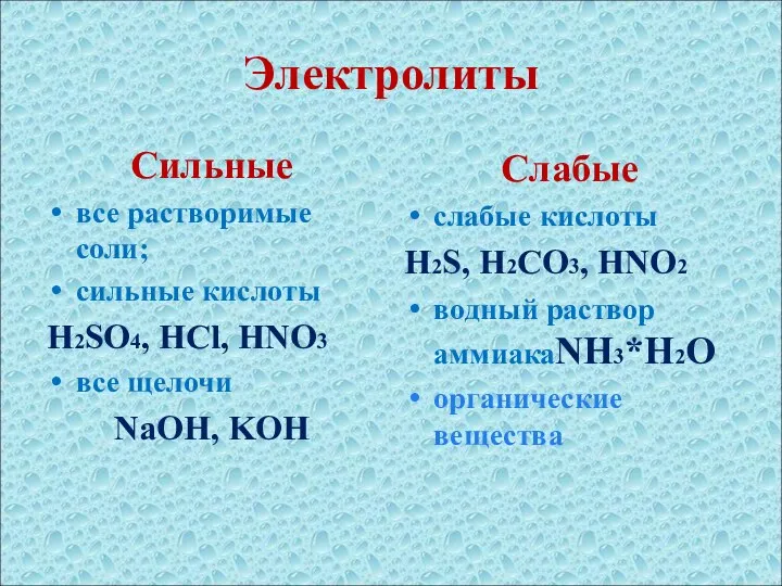 Электролиты Сильные все растворимые соли; сильные кислоты H2SO4, HCl, HNO3 все