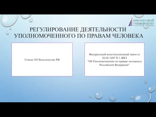 РЕГУЛИРОВАНИЕ ДЕЯТЕЛЬНОСТИ УПОЛНОМОЧЕННОГО ПО ПРАВАМ ЧЕЛОВЕКА Статья 103 Конституции РФ Федеральный