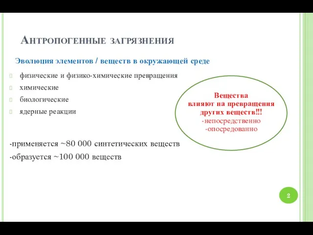 Антропогенные загрязнения -применяется ~80 000 синтетических веществ -образуется ~100 000 веществ