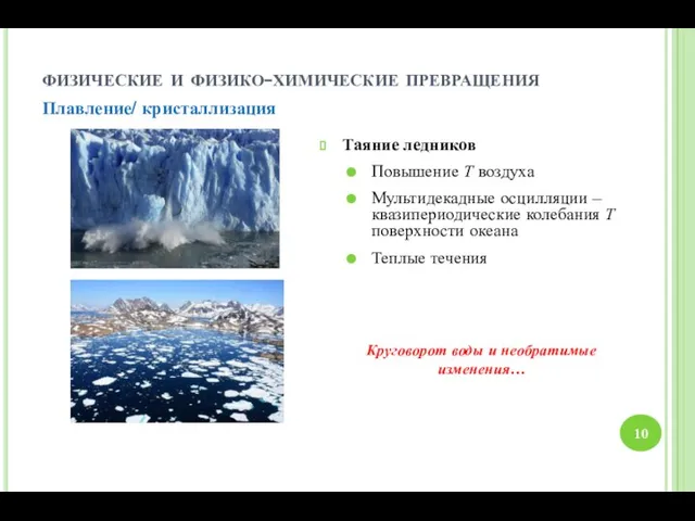 Таяние ледников Повышение Т воздуха Мультидекадные осцилляции – квазипериодические колебания Т