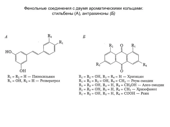 Фенольные соединения с двумя ароматическими кольцами: стильбены (А), антрахиноны (Б)