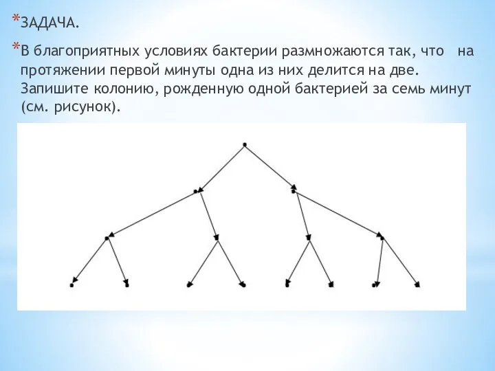 ЗАДАЧА. В благоприятных условиях бактерии размножаются так, что на протяжении первой