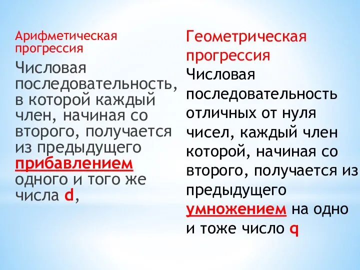 Арифметическая прогрессия Числовая последовательность, в которой каждый член, начиная со второго,