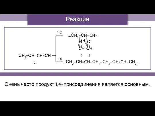 Очень часто продукт 1,4-присоединения является основным. СH2=СH–CH=СH2 Реакции полимеризации 1,2 1,4