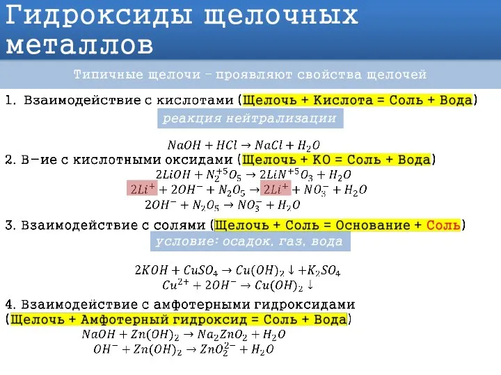 Гидроксиды щелочных металлов Типичные щелочи – проявляют свойства щелочей реакция нейтрализации условие: осадок, газ, вода