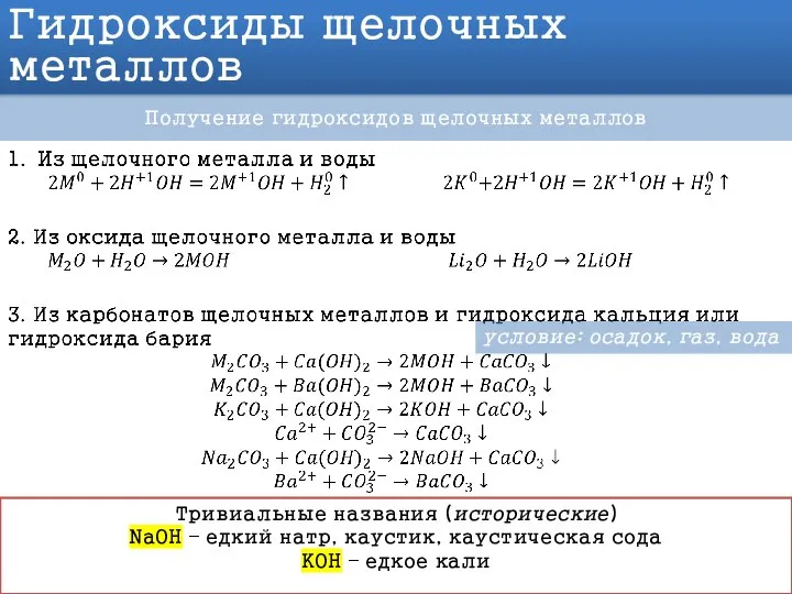 Гидроксиды щелочных металлов Получение гидроксидов щелочных металлов Тривиальные названия (исторические) NaOH