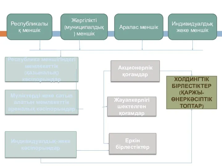 Республикалық меншік Жергілікті(муниципалдық) меншік Аралас меншік Индивидуалдық жеке меншік Республика меншігіндегі