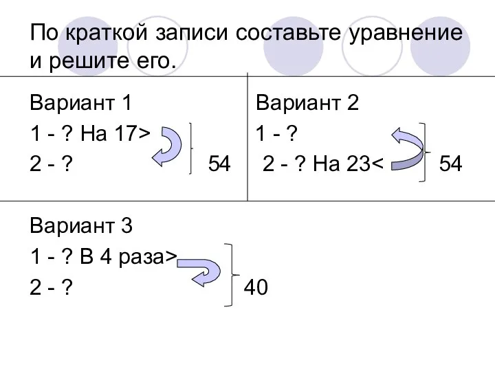 По краткой записи составьте уравнение и решите его. Вариант 1 Вариант