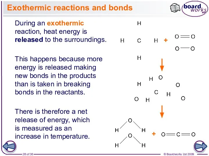 Exothermic reactions and bonds During an exothermic reaction, heat energy is