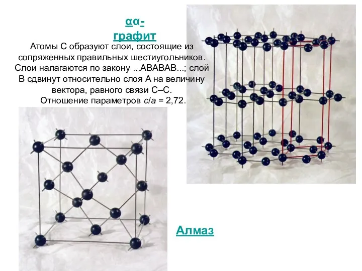 Атомы C образуют слои, состоящие из сопряженных правильных шестиугольников. Слои налагаются