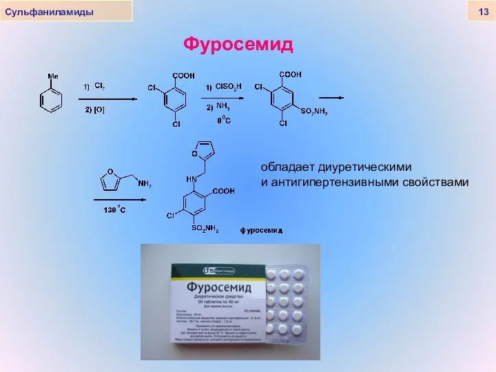 Сульфаниламиды 13 Фуросемид обладает диуретическими и антигипертензивными свойствами