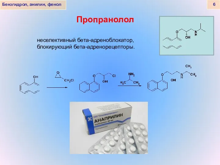 Бензгидрол, анилин, фенол 6 Пропранолол неселективный бета-адреноблокатор, блокирующий бета-адренорецепторы.