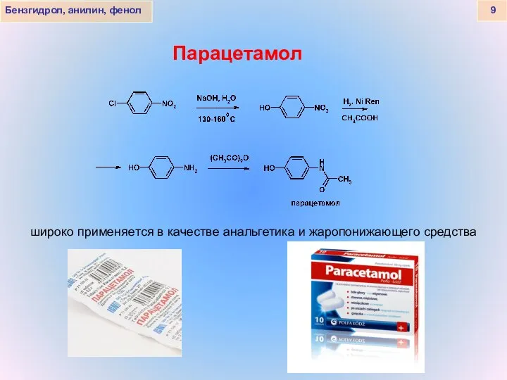 Парацетамол Бензгидрол, анилин, фенол 9 широко применяется в качестве анальгетика и жаропонижающего средства