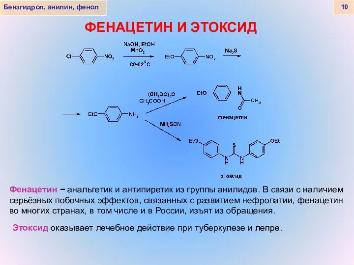 Бензгидрол, анилин, фенол 10 ФЕНАЦЕТИН И ЭТОКСИД Фенацетин − анальгетик и