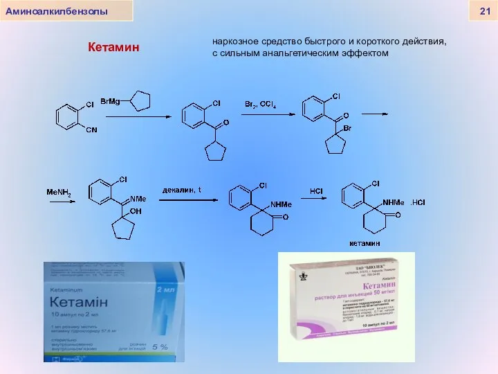Кетамин Аминоалкилбензолы 21 наркозное средство быстрого и короткого действия, с сильным анальгетическим эффектом