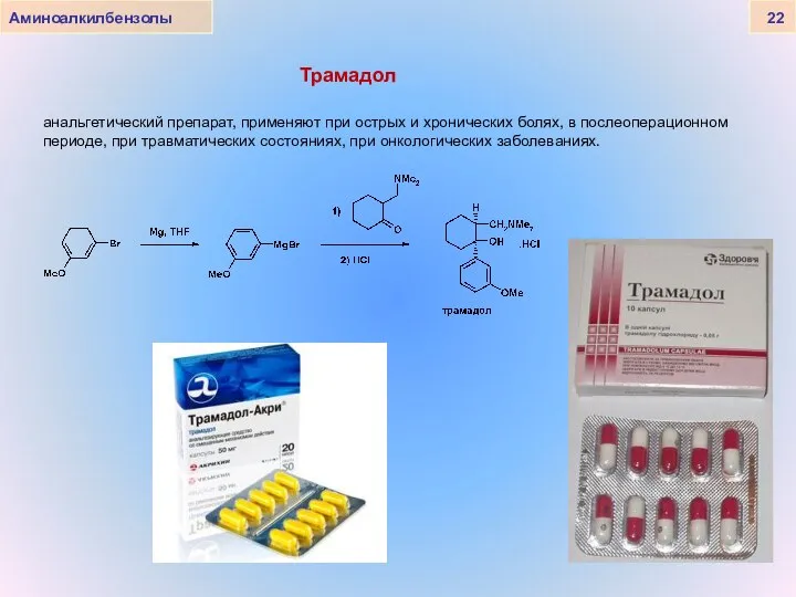 Аминоалкилбензолы 22 Трамадол анальгетический препарат, применяют при острых и хронических болях,