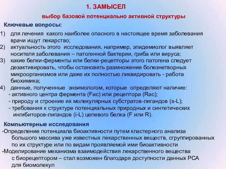 1. ЗАМЫСЕЛ выбор базовой потенциально активной структуры для лечения какого наиболее