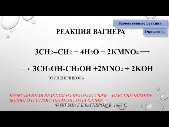 РЕАКЦИЯ ВАГНЕРА 3СН2=СН2 + 4Н2О + 2KMNO4 3СН2OH-СН2OH +2MNO2 + 2KOH