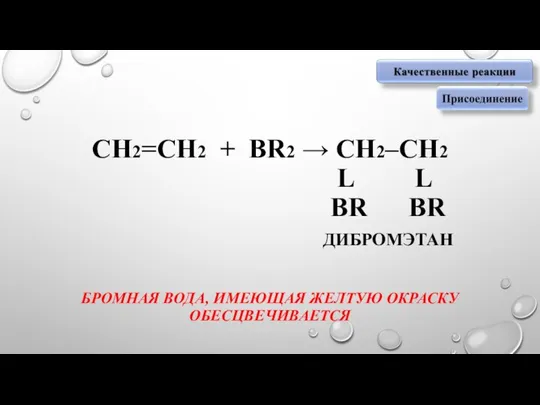 СН2=СН2 + BR2 → СН2–СН2 L L BR BR ДИБРОМЭТАН БРОМНАЯ ВОДА, ИМЕЮЩАЯ ЖЕЛТУЮ ОКРАСКУ ОБЕСЦВЕЧИВАЕТСЯ