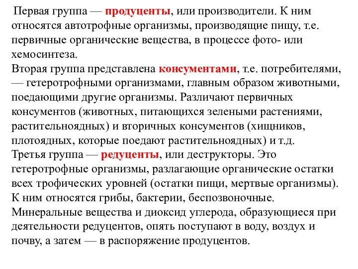 Первая группа — продуценты, или производители. К ним относятся автотрофные организмы,