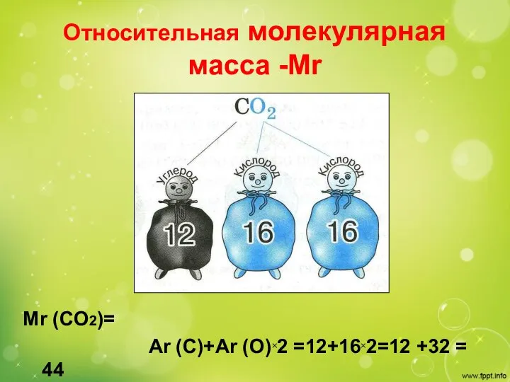 Относительная молекулярная масса -Мr Mr (CO2)= Ar (C)+Ar (O)×2 =12+16×2=12 +32 = 44