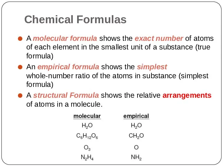 Chemical Formulas A molecular formula shows the exact number of atoms