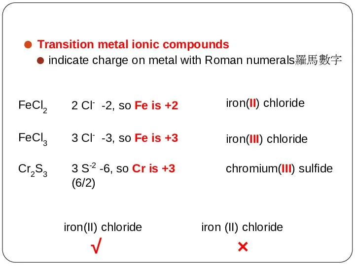 Transition metal ionic compounds indicate charge on metal with Roman numerals羅馬數字