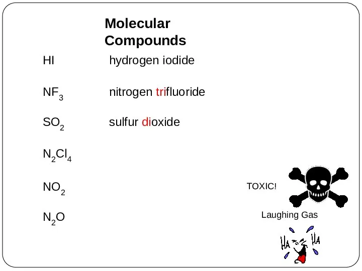 HI hydrogen iodide NF3 nitrogen trifluoride SO2 sulfur dioxide N2Cl4 NO2 N2O Molecular Compounds