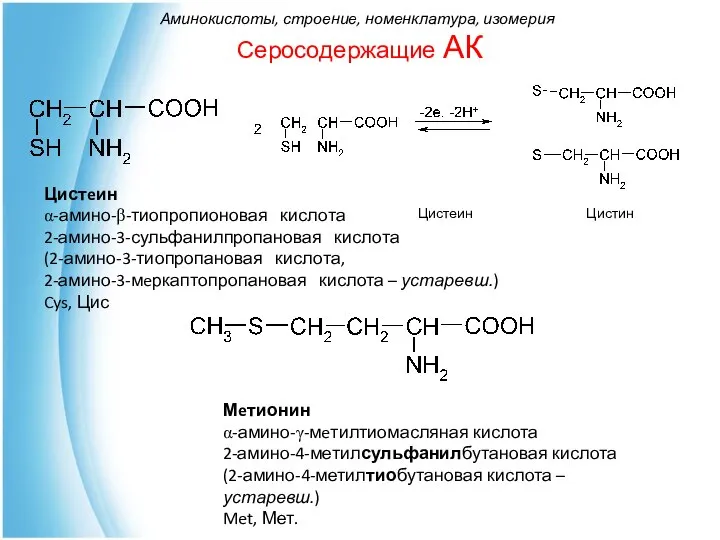 Серосодержащие АК Цистеин Цистин Мeтионин α-амино-γ-мeтилтиомасляная кислота 2-амино-4-метилсульфанилбутановая кислота (2-амино-4-метилтиобутановая кислота