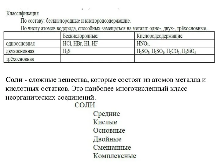 Соли - сложные вещества, которые состоят из атомов металла и кислотных