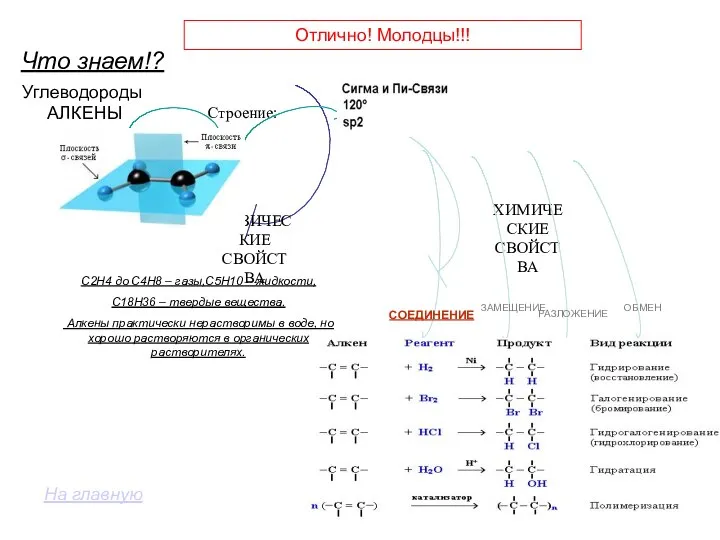 СОЕДИНЕНИЕ ЗАМЕЩЕНИЕ Углеводороды АЛКЕНЫ С2Н4 до С4Н8 – газы,С5Н10 – жидкости,