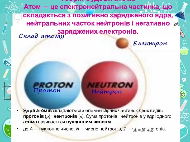 Теорія будови атома Атом — це електронейтральна частинка, що складається з