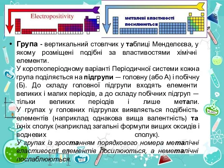 Група - вертикальний стовпчик у таблиці Менделєєва, у якому розміщені подібні