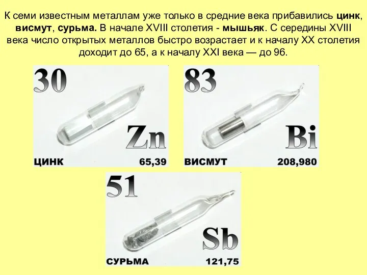 К семи известным металлам уже только в средние века прибавились цинк,